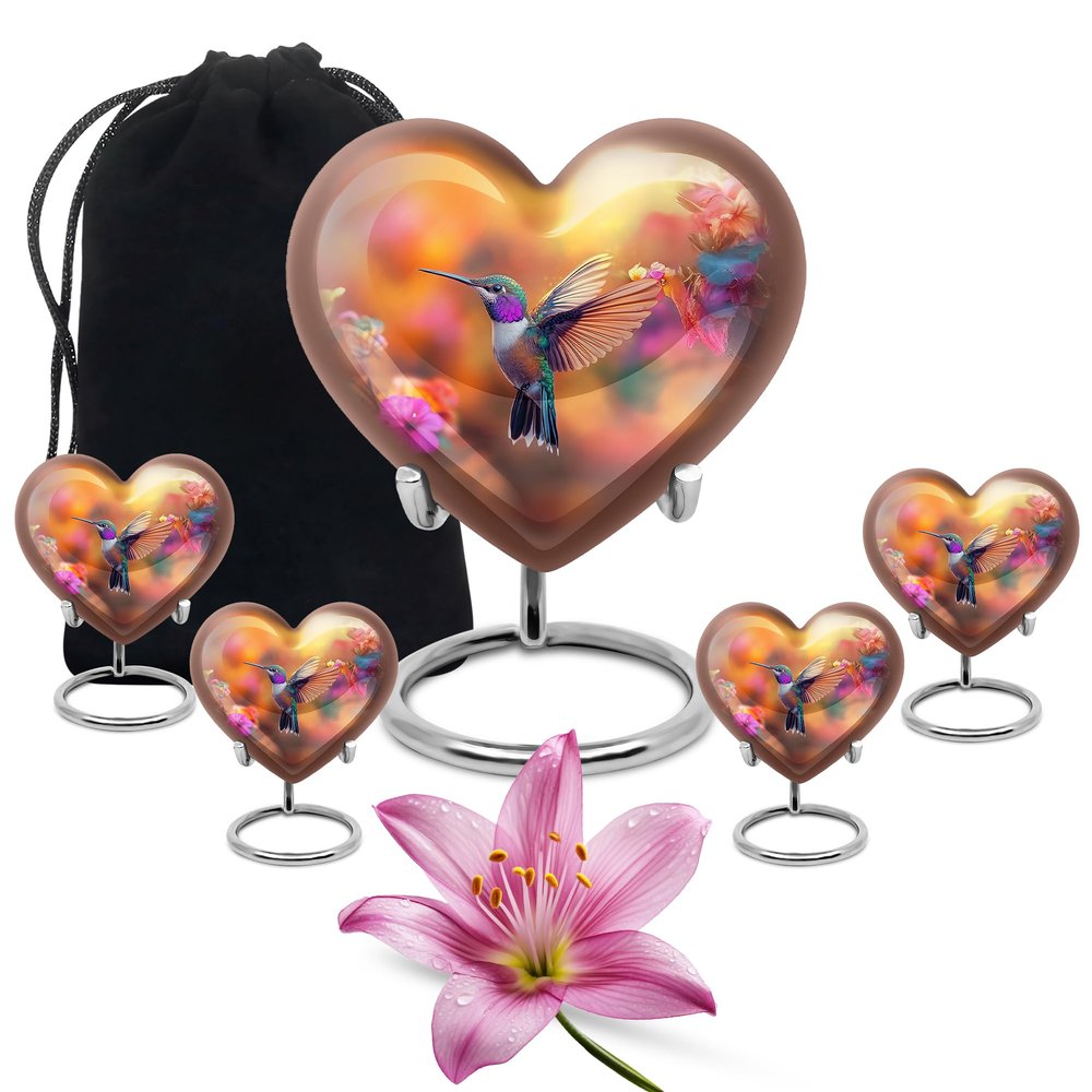 Yatskia Colorful Hummingbird Mini Memorial Keepsake Urns for Human Ashes Adult Brother and Sister, Large Funeral Urn for Adult Ashes, (Heart 8 Inch and 3 Inch)