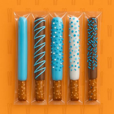 Chocolate Coated Blue Pretzel Rods Assorted Toppings Bulk 50 Pack Individually Wrapped Baby Shower Favors, Party Treats, Candy Table Snacks