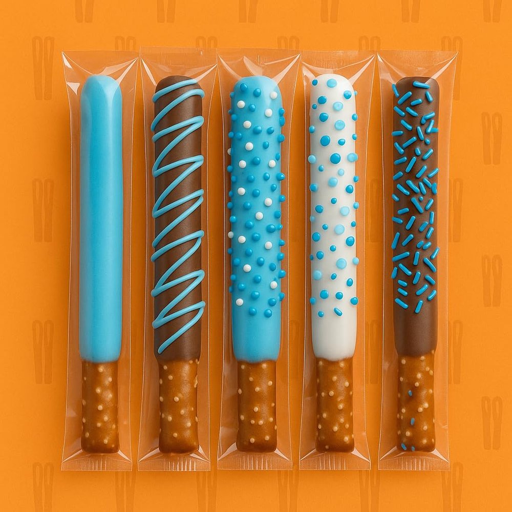 Chocolate Coated Blue Pretzel Rods Assorted Toppings Bulk 50 Pack Individually Wrapped Baby Shower Favors, Party Treats, Candy Table Snacks