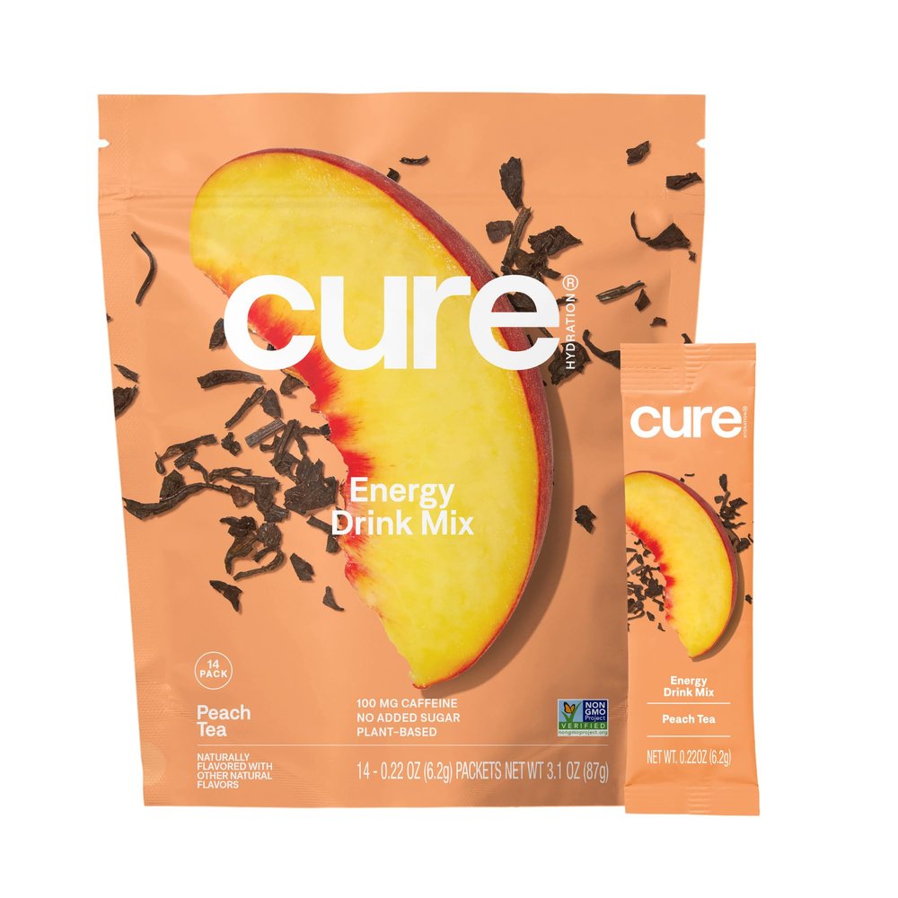 Cure Hydration Performance | Plant-Based Electrolyte Energy Drink Mix | No Added Sugar | Dehydration Relief Powder | 100mg of Caffeine | Non-GMO | Vegan | Pouch of 14 Packets - Peach Tea