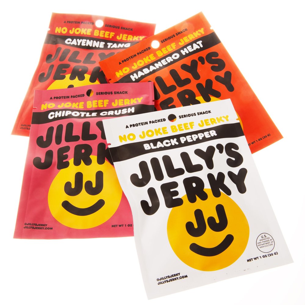 Jilly's Jerky Beef Jerky Mix Pack Black Pepper Cayenne Tang Chipotle Crush Habanero Heat Hand Crafted Small Batch Artisan High Protein Clean Ingredients Meat Snack! (4 Pack)