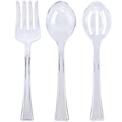 10.5 Inches Clear Plastic Serving Set Durable Disposable Serving Spoon and Fork Utensils for Salads Buffet Catering Weddings Parties Events BBQs Picnics and Food Service Supplies (3)