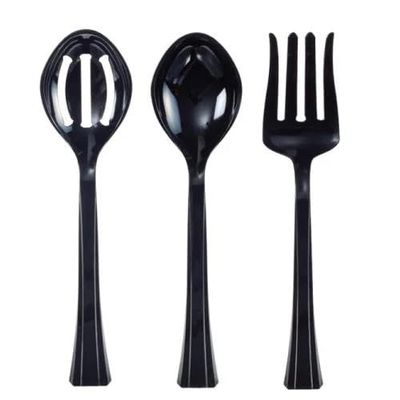10.5 Inches Black Plastic Serving Set Durable Disposable Serving Spoon and Fork Utensils for Salads Buffet Catering Weddings Parties Events BBQs Picnics and Food Service Supplies (15)