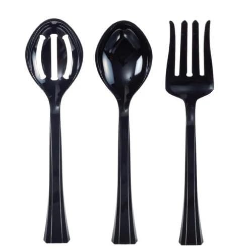 10.5 Inches Black Plastic Serving Set Durable Disposable Serving Spoon and Fork Utensils for Salads Buffet Catering Weddings Parties Events BBQs Picnics and Food Service Supplies (15)