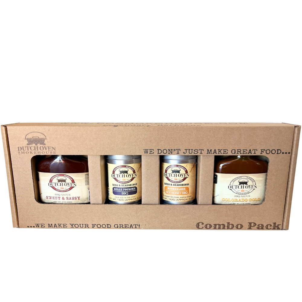 Dutch Oven BBQ Rib Lovers Combo Gift Pack - Sweet & Sassy, Colorado Gold, Belle Fourche, Motherlode - Premium Small-Batch BBQ Kit - Classic & Crowd-Pleasing Smokehouse Flavors - Rub & Sauce Sampler - 2x2 Flask/Tin