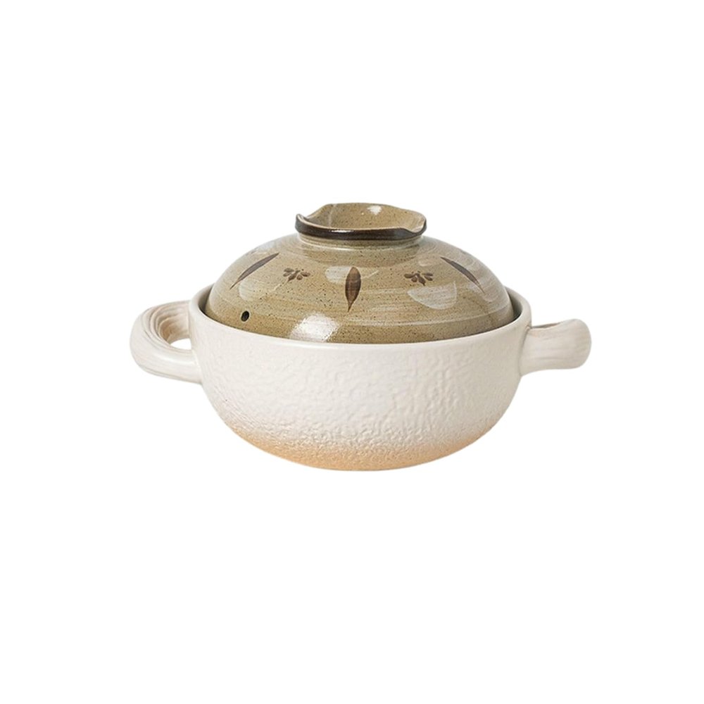 2.2L-Home Creative Personality Cartoon Fresh Hand-Painted Refractory Double-Ear Casserole-White Pot Brown Cover Leaves