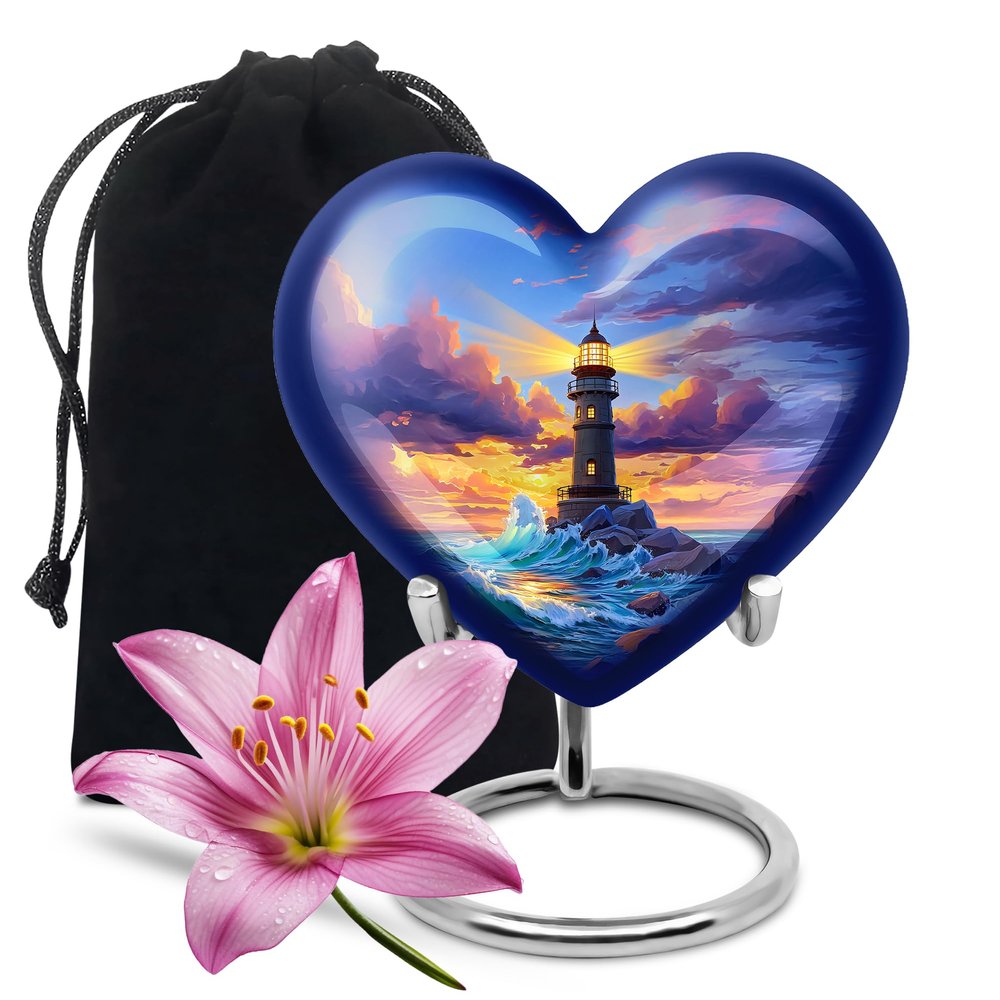 Remembrate Lighthouse Memorials Urns for Human Ashes Mom & Dad - Decorative Cremation Cloud Urns for Male & Female - Blue Large Heart Urn with Stand (8 Inch)
