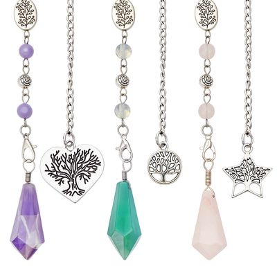 MAYJOYDIY 3 Pcs Natural Amethyst Rose Quartz Pendulum 11.4-11.8inch Crystal Pendulums Set for Divination Dowsing, Wrapped Hexagonal Crystal for Women Men Gemstone Necklaces