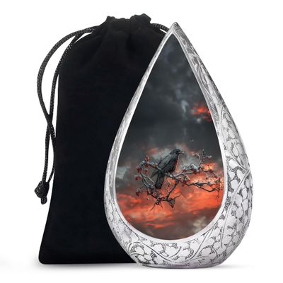 Remembrate Crow Adult Urns for Human Ashes Men and Women - Large Drop Funeral Human Urns for Ashes Cremation - Memorial Urn for Dad and Mom Burial with Velvet Bag, 10 Inch