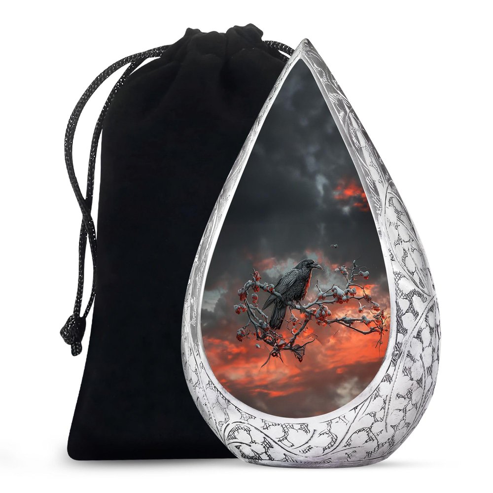 Remembrate Crow Adult Urns for Human Ashes Men and Women - Large Drop Funeral Human Urns for Ashes Cremation - Memorial Urn for Dad and Mom Burial with Velvet Bag, 10 Inch