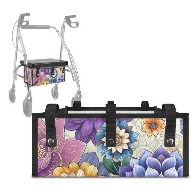 LVEWYB Boho Flowers Walker Accessories Storage Bag Under Seat,Walker Bags for Rolling Walkers with Snap Buttons Basket Bags for Folding Walkers with Wheels