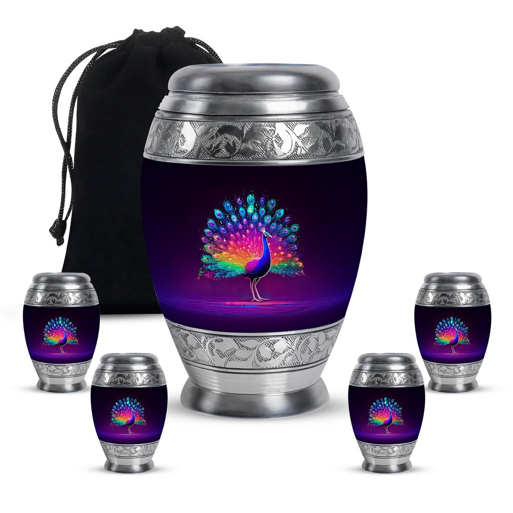 Casketique Peacock Memorial Urns for Adult Male 1 Large 4 Keepsake - Funeral Urn for Ashes for Women - Cremation Urn for Mom & Dad - Burial Human Urns for Ashes Adult Female 10 & 3 Inch
