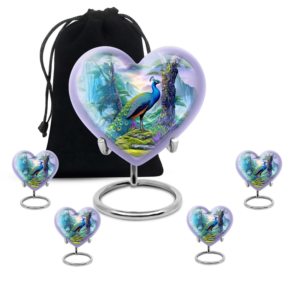 Casketique Peacock Memorial Urn for Ashes for Women Small - Burial Urns for Human Ashes Adult Man 1 Large 4 Keepsake - Cremation Urns for Adult Male - Funeral Urn for Mom & Dad - 8 & 3 Inch