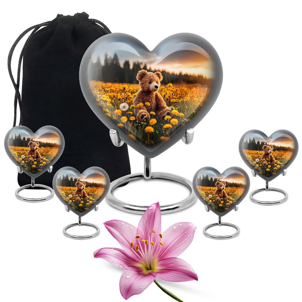 JAGLASH Teddy Bear Adult Cremation Urns for Ashes Combo - Yellow Flowers Heart Funeral Urn for Ashes Adult Male - 5 Pcs Cremains Containers - Remembrance Gift for Loss for Dad (1 Large, 4 Keepsake)