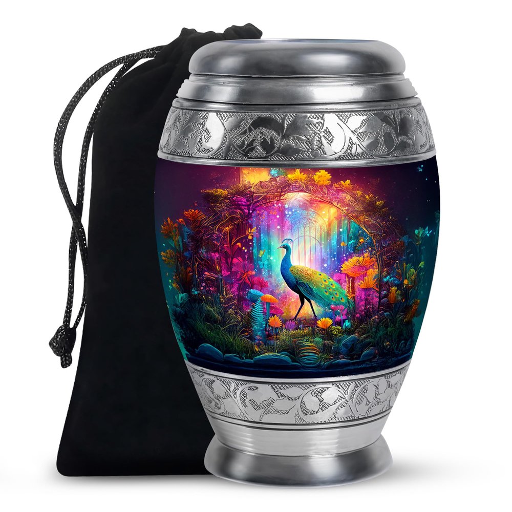 Casketique Peacock Memorial Urns for Human Ashes Adult Female - Large Purple Cremation Urns for Adult Male - Flower Decorative Funeral Urn - Burial Urn for Human Ashes Mom & Dad - 10 Inch
