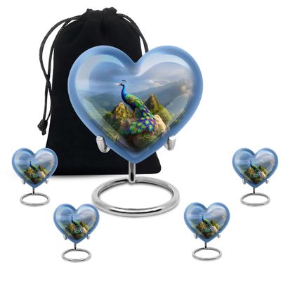 Casketique Peacock Cremation Urns for Adult Male 1 Large 4 Keepsake - Blue Cremation Urn for Ashes for Women - Memorial Urns for Human Ashes Small - Ash Container for Mom and Dad 8 & 3 Inch