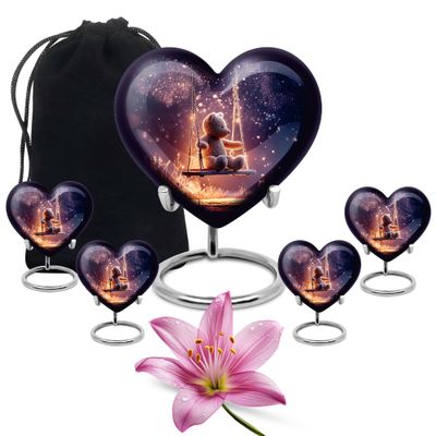 JAGLASH Teddy Bear Heart Cremation Urns for Ashes Adult Male Combo - Purple Funeral Urn for Adult Human Ashes Men - 5 Pcs Cremated Remains Holder - Remembrance Gift for Loss (1 Large, 4 Keepsake)