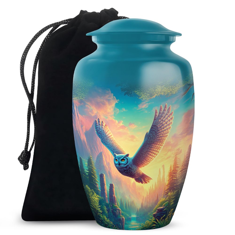 Casketique Owl Memorial Urn for Ashes for Women - Large Blue Funeral Urns for Adult Male - Burial Urns for Human Ashes - Cremation Urn for Mom & Dad - 10 Inch
