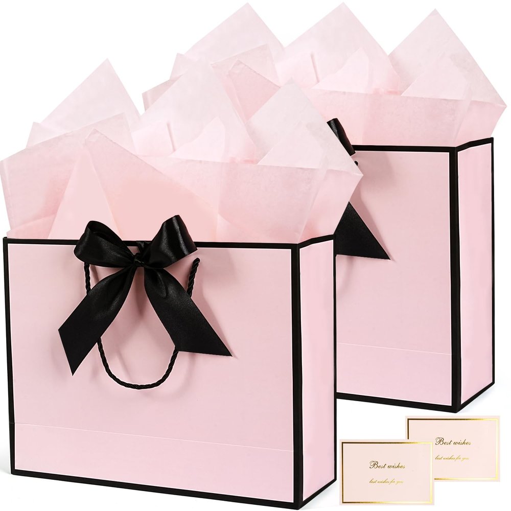 Pink Gift Bags 13, 2 PCS Large Gift Bags with Handles for Girls Women, Portable Gift Bag Set with Tissue Paper Greeting Card and Bow Ribbon, Pink Paper Bags for Birthday Wedding Valentine's Day