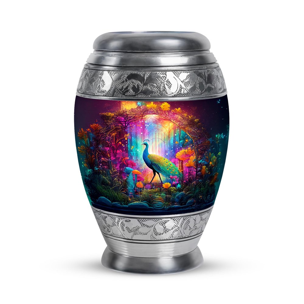 Casketique Peacock Little Cremation Urns for Adult Ashes Women - Mini Purple Memorial Urns for Human Ashes Adult Man - Keepsake Funeral Urn for Mom - Small Flower Burial Urn - 3 Inch