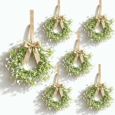 6 Pcs Mini Baby Breath Hanging Wreaths Gypsophila Candle Rings Pillar Holder Wreath Artificial Flower Spring Summer Floral Wreath for Wedding Farmhouse Porch Cabinets Table Decoration
