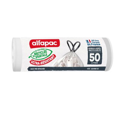 alfapac - 10 x 50 litre bin liners, with sliding closure, sorting of recyclable packaging, transparent, made in France, bi-material recycled & vegetable