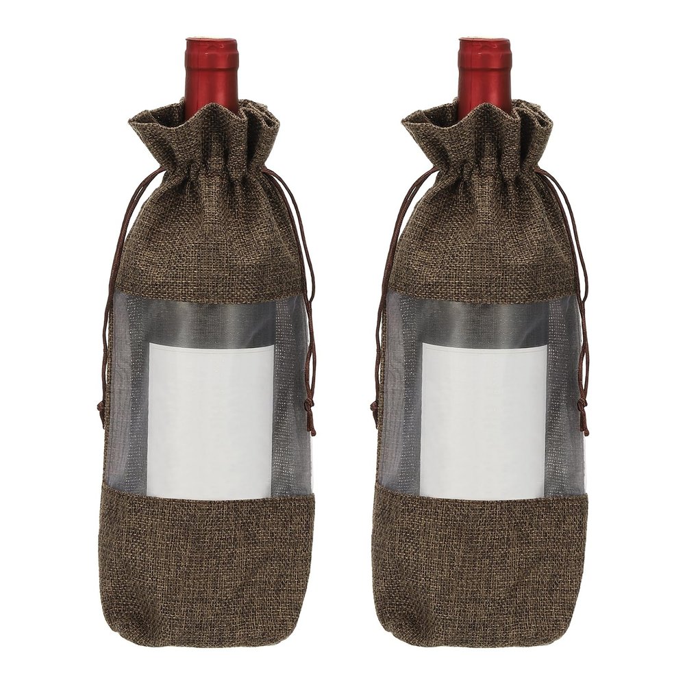 uxcell 2 Pcs Wine Bottle Gift Bags with Drawstrings, Clear Burlap Wine Bags Reusable Liquor Bottle Covers for Wedding Birthday Party, Coffee