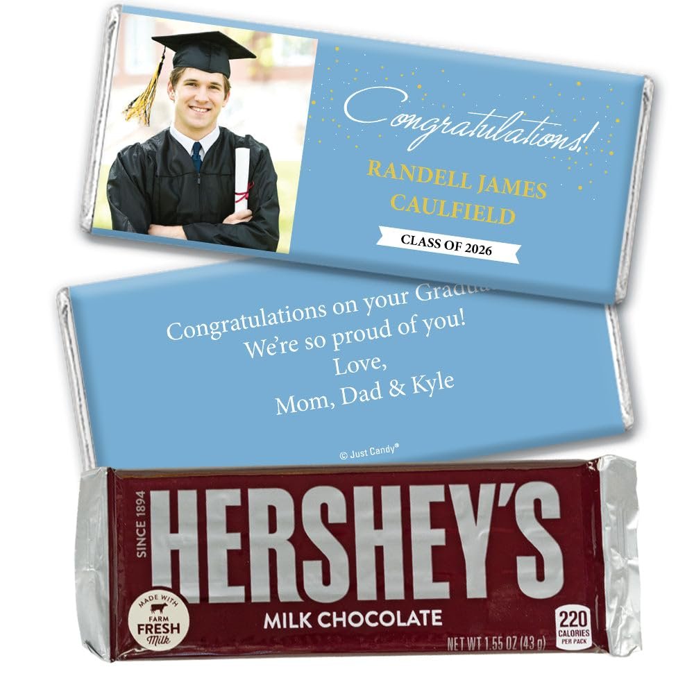 36ct Personalized Graduation Party Favors Wrapped Chocolate Bars with Photo - Congrats (36 Count) - Light Blue