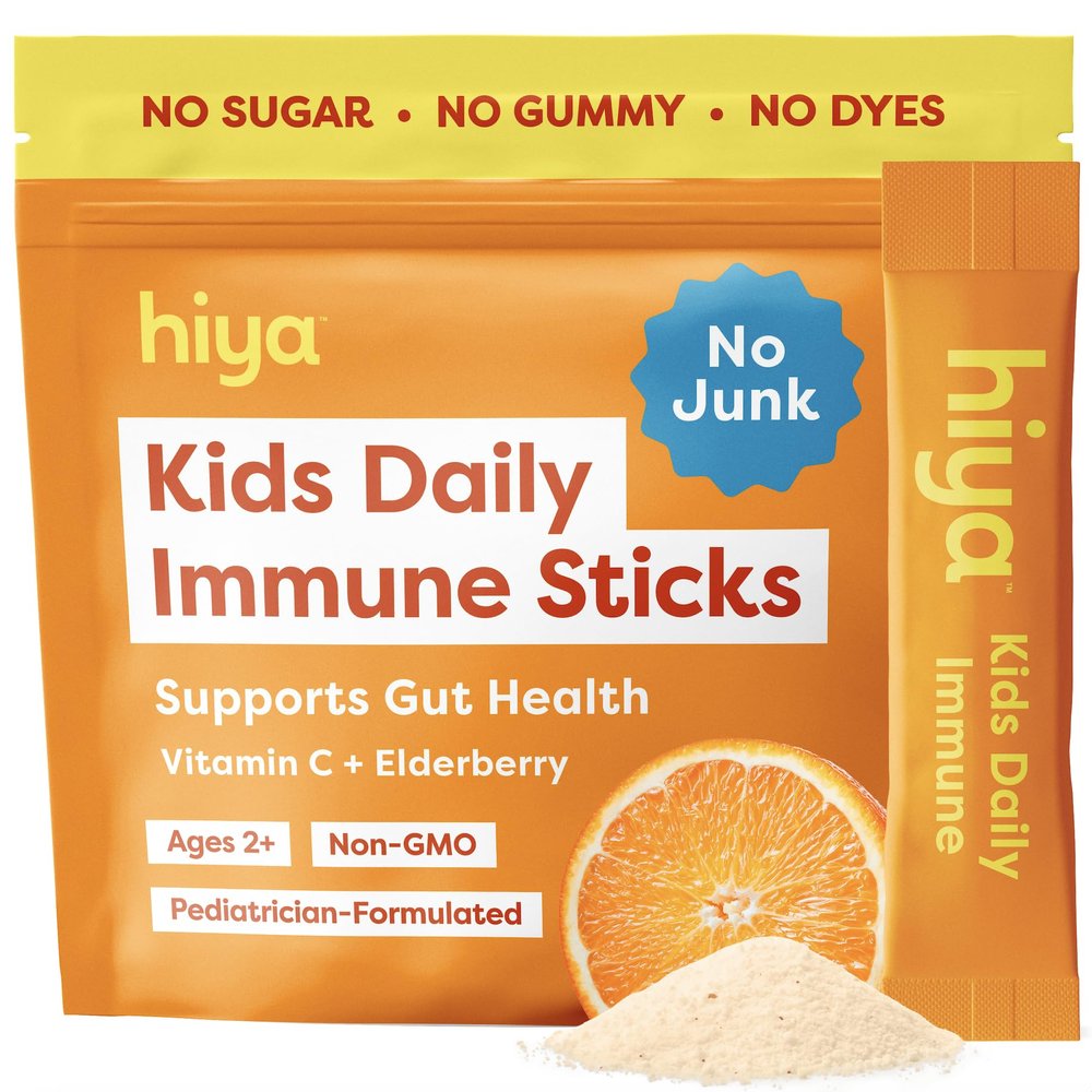 Hiya Kids Immune Support Vitamin C, Elderberry & Beta Glucans for Ages 2+, Delicious Orange Flavor, 0g Sugar 20 Stick Packs for Toddlers & Kids