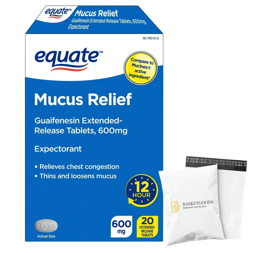 Equate Cold and Flu- Mucus Relief Guaifenesin 600mg Extended Release 12 Hours Tablets 20 ct, Set by Basket Goods