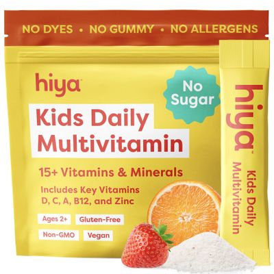 Hiya Kids Multivitamin 15+ Essential Vitamins & Minerals with Fruits & Veggies for Ages 2+, Supports Growth, Development & Immune, 0g Sugar 20 Stick Packs for Toddlers & Kids