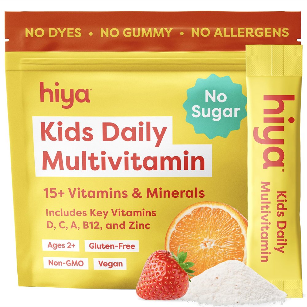 Hiya Kids Multivitamin 15+ Essential Vitamins & Minerals with Fruits & Veggies for Ages 2+, Supports Growth, Development & Immune, 0g Sugar 20 Stick Packs for Toddlers & Kids