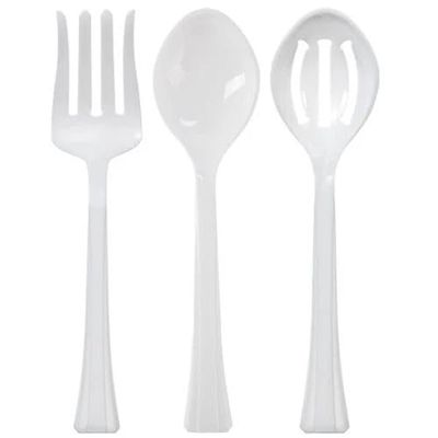 10.5 Inches Pearl Plastic Serving Set Durable Disposable Serving Spoon and Fork Utensils for Salads Buffet Catering Weddings Parties Events BBQs Picnics and Food Service Supplies (3)