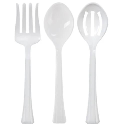 10.5 Inches Pearl Plastic Serving Set Durable Disposable Serving Spoon and Fork Utensils for Salads Buffet Catering Weddings Parties Events BBQs Picnics and Food Service Supplies (3)