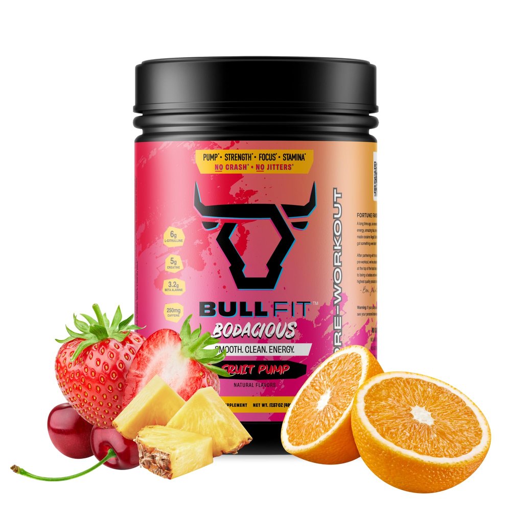 BULLFIT Pre Workout Powder, Support for Men & Women, L Citrulline, Creatine, Beta Alanine & Electrolytes, Powdered Drink Mix with No Sucralose & Zero Sugar, 20 Srvgs (20 SRV, Fruit Punch)