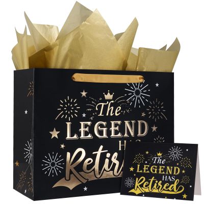 WRAPAHOLIC 13" Happy Retirement Gift Bags with Tissue Paper and Card - Black Gold Foil Birthday Bags for Retirement Party Celebrating Supplies