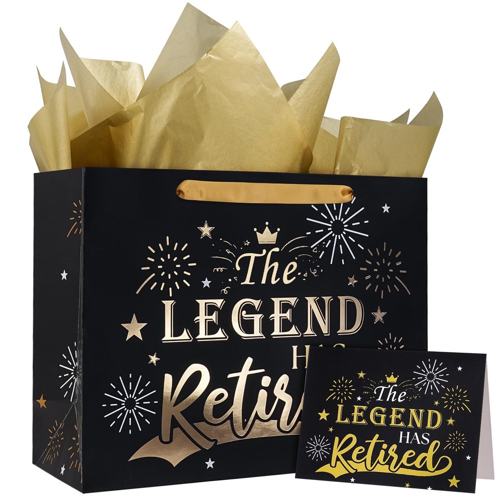 WRAPAHOLIC 13" Happy Retirement Gift Bags with Tissue Paper and Card - Black Gold Foil Birthday Bags for Retirement Party Celebrating Supplies