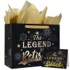 WRAPAHOLIC 13" Happy Retirement Gift Bags with Tissue Paper and Card - Black Gold Foil Birthday Bags for Retirement Party Celebrating Supplies view 1