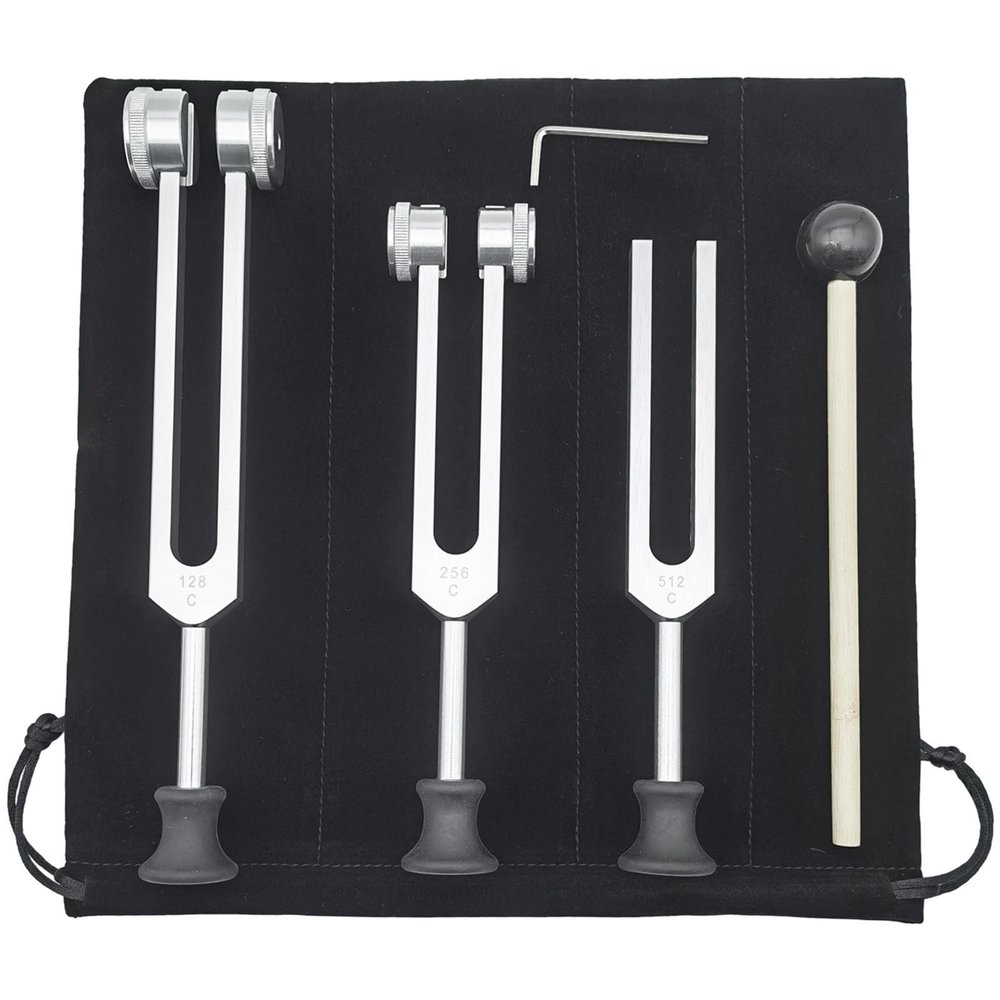 128 Hz Sound Healing Tuning Fork Set, 128 Hz, 256 Hz, 512 Hz, Medical-Grade Aluminum Alloy, Gold & Silver, Mallet & Pouch Included