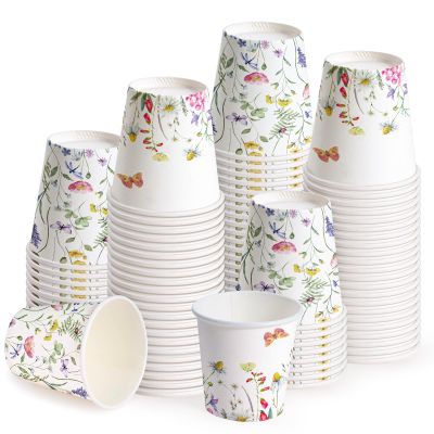 WRAPAHOLIC 3oz Paper Cups - 100 Pack Disposable Bathroom Cups with Wildflower & Butterfly Design, Small Mouthwash Cup for Toothbrush Rinse, Home Bathroom, Picnic, BBQ, Travel and Party