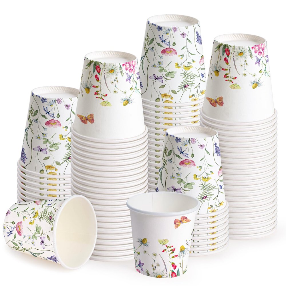 WRAPAHOLIC 3oz Paper Cups - 100 Pack Disposable Bathroom Cups with Wildflower & Butterfly Design, Small Mouthwash Cup for Toothbrush Rinse, Home Bathroom, Picnic, BBQ, Travel and Party