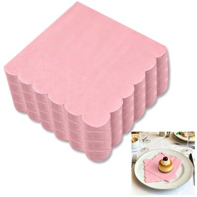 100-Count Pink Cocktail Napkins, 2-Ply 5x5 Inches Disposable Light Pink Scalloped Dessert Appetizer Beverage Cocktail Paper Napkins for Party Wedding Birthday Dinner & Daily Use (4 Packs x 25 Each)