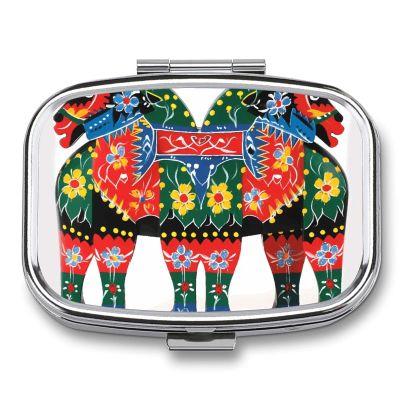 BWQJKUO Portable Square Metal Runner Swedish Dala Horse Folk Printed Medicine Box - Durable And Waterproof Intimate Medical Companion