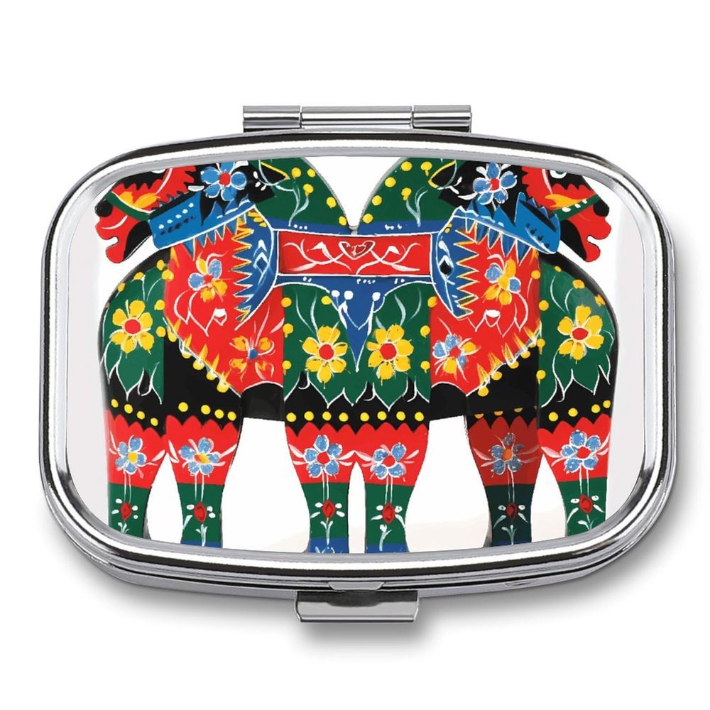 BWQJKUO Portable Square Metal Runner Swedish Dala Horse Folk Printed Medicine Box - Durable And Waterproof Intimate Medical Companion