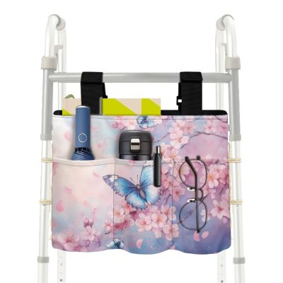 Luarisgur Butterfly Cherry Blossom Walker Organizer Pouch with Cup Holder Multi Pockets Hand-Free Carry Wheelchair Basket Pouch Accessories Bag for Walker Carry Accessories (Not Fit Rollator Walkers)