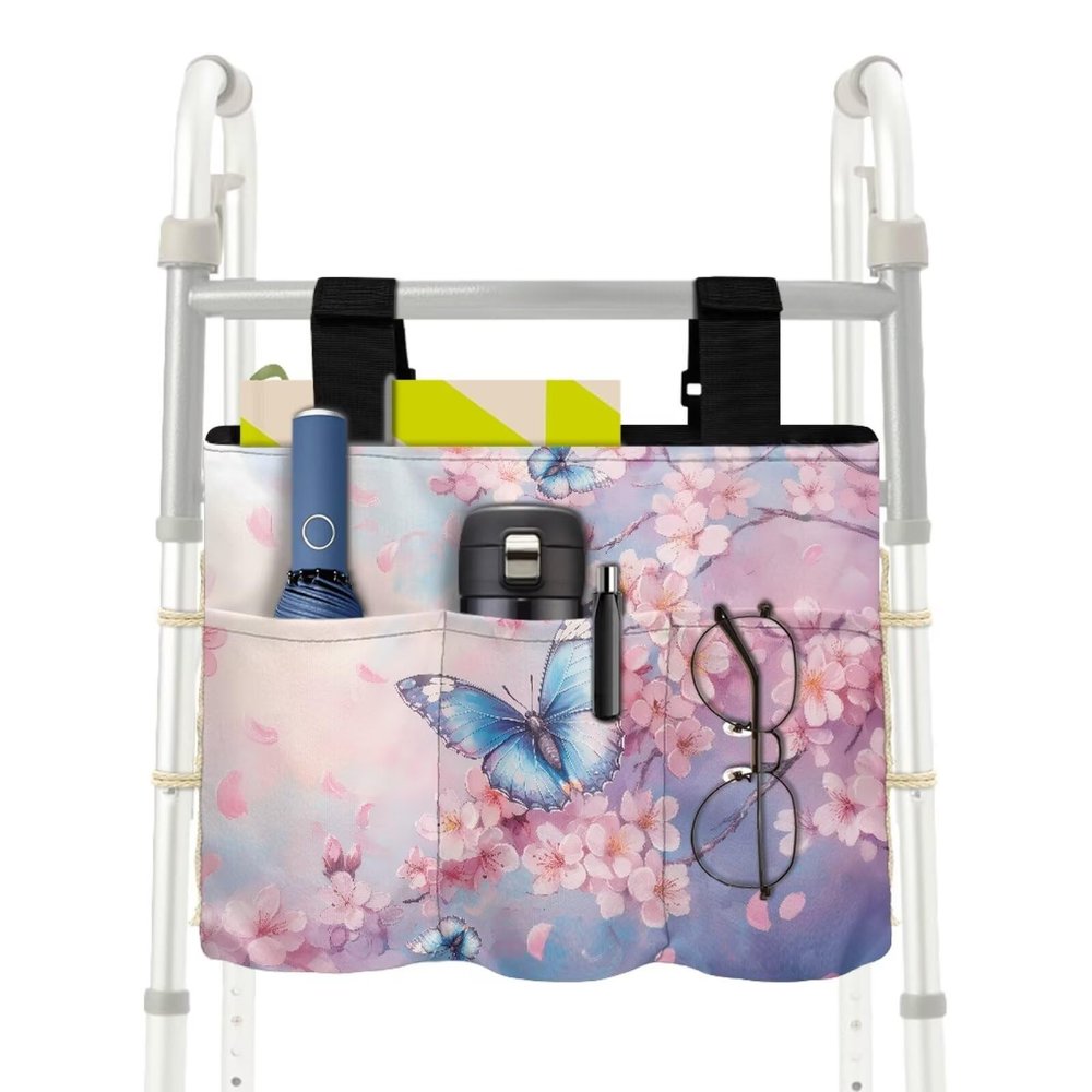 Luarisgur Butterfly Cherry Blossom Walker Organizer Pouch with Cup Holder Multi Pockets Hand-Free Carry Wheelchair Basket Pouch Accessories Bag for Walker Carry Accessories (Not Fit Rollator Walkers)