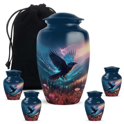 Crow Ashes Holder for Human Remains, Large Cremation Urn for Brother & Sister, Small Urns for Ash, Mini Keepsake Urn for Family, Burial & Funeral Urns, 10 & 3" Set of 5