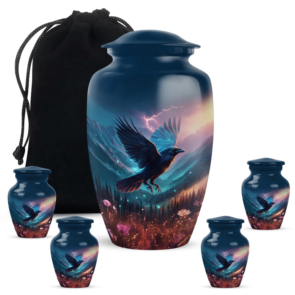 Crow Ashes Holder for Human Remains, Large Cremation Urn for Brother & Sister, Small Urns for Ash, Mini Keepsake Urn for Family, Burial & Funeral Urns, 10 & 3" Set of 5