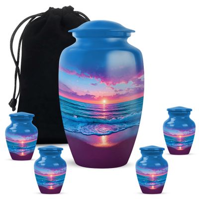 Casketique Beach Small Keepsake Urns for Ashes - Large Urn for Ashes for Women - Adult Male Urn for Ash - Blue Cremation Urns for Ash Set of 5 - Container for Loved Ones - 10 & 3 Inch