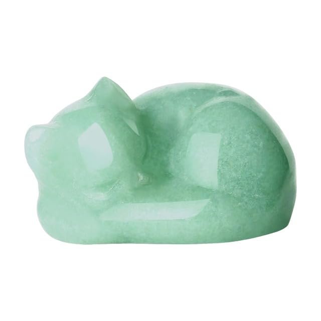 Bryqona Amethyst Cat Healing Crystals FigurineHand Carved Sleeping CatPolished Stone Sculpture for Home Decoration (F-Green Aventurine)